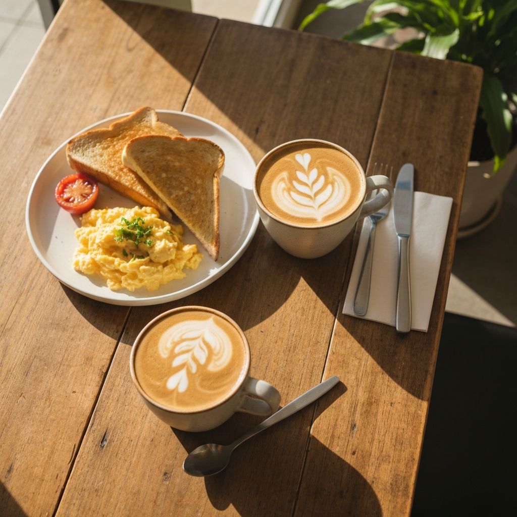 Freshly brewed flat white coffee and breakfast plate at Adelong Cafe